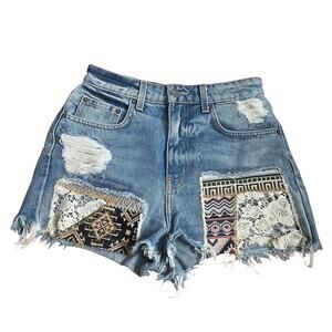 Carmar Denim Patchwork Shorts Boho Festival Indie Bohemian Hippie Coachella 26"